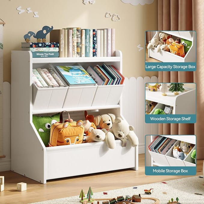 Kids Toy Storage Organizer with Wooden Display Shelf for Playroom & Nursery | Open shelves and removable bins encourage children to read, play and clean up independently, patent design - Image 7
