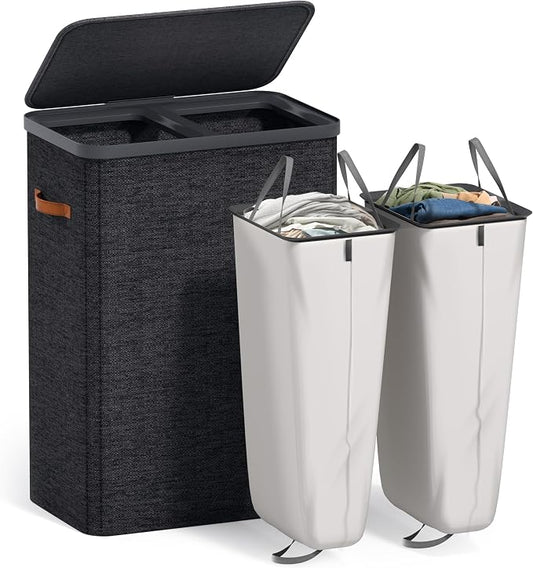 Sorbus Laundry Hamper with Lid - Collapsible 2-Compartment Fabric Laundry Basket with Handles and Removable Laundry Bag – 45 Gallon (170 L) Dirty Clothes Hamper for Bedroom, bathroom and dorm (Black) by Sorbus