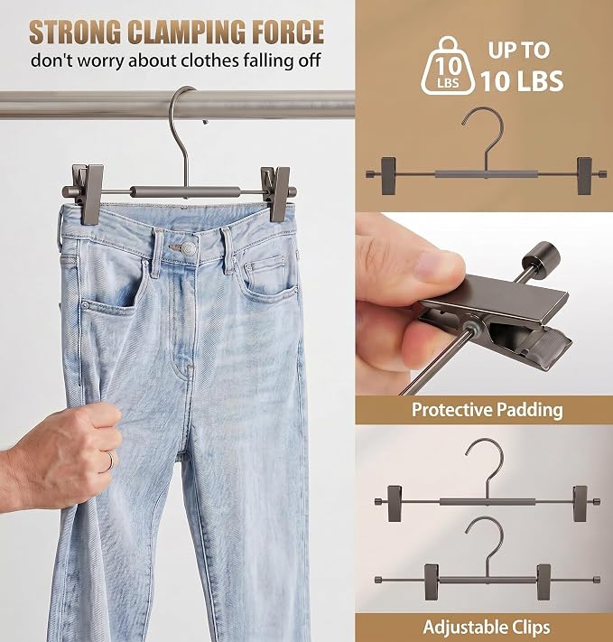 VWV 10 Pack Pants Hangers with Clips, 12.4 Inch Aluminum Skirt Hangers with 360° Swivel Hooks, Heavy Duty Space Saving Closet Hangers for Jeans, Slacks, Shorts (Matte Gunmetal) - Image 6