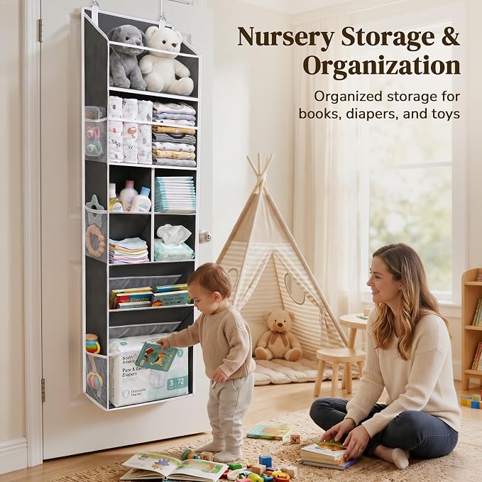 6-in-1 Over Door Hanging Organizer with 12 Mesh Pockets, 44 lbs Capacity, Deep Gray – Versatile Behind Door Storage for Baby Nursery, Newborn - Image 6