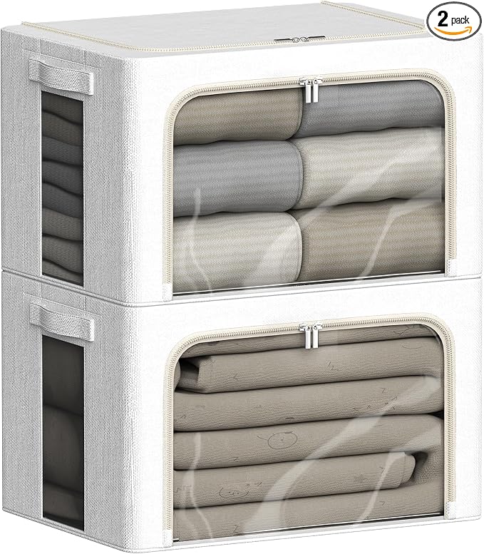 FHSQX 2 Pack Clear Window Storage Bins - Large Stackable Linen Fabric Storage for Clothes Foldable Container Organizer Set with Carrying Handles (Lvory White, 15.7x 11.8x 11.7 Inch) by FHSQX
