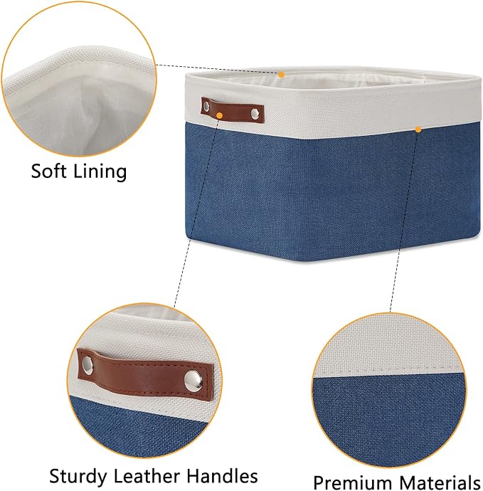 DULLEMELO Fabric Storage Bins, Foldable Storage Baskets for Organizing, Empty Gift Baskets (3-Pack Medium-15 inch X 11 inch X 9.5 inch , White&Blue) - Image 5