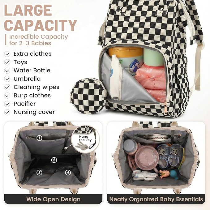 Baby Diaper Bag Backpacks for Mom Dad, Corduroy Large Capacity Multifunction Nappy Bag with Pacifier Case, Baby Travel Essentials Diaper Backpack for Boys Girls - Checkered Black - Image 3