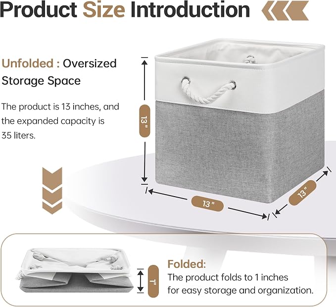 ECDYQXVU 13x13x13 Inch Storage Cube Bins Foldable Organizer Baskets 6 Pack | Soft Cotton Handles, Premium EVA Fabric, Hard Cardboard Bottom, Sturdy Metal Rim, Closet Shelf, Living Room, Bedroom, Laundry - Image 4