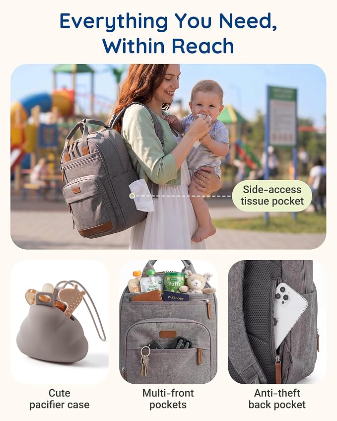 mommore Baby Diaper Bag with Waterproof Changing Pad, Light Gray | Backpack Bottle Holders Insulated & Pacifier Case, 2 Organizer Pouches - Image 2