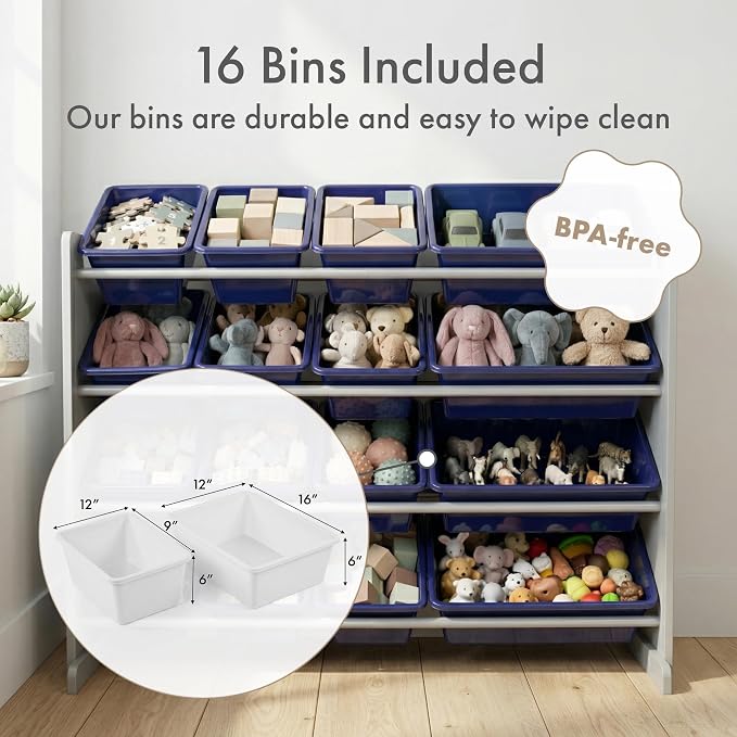 Humble Crew Kids Toy Organizer with 16 Bins, 4 Tier Storage for Playroom | Sturdy wood and steel toddler shelf, removable BPA-free containers, wall anchor anti-tip safety kit for bedroom or classroom - Image 3