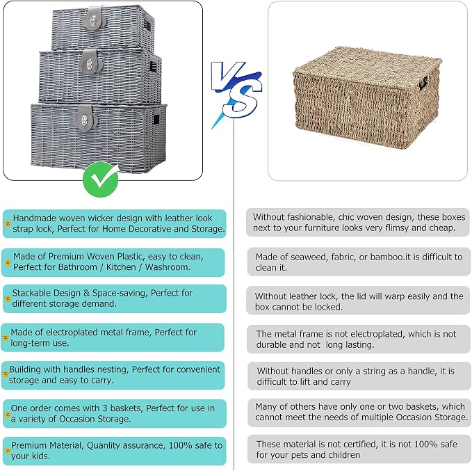 Set of 3 Woven Wicker Storage Basket Box with Lids & Lock, Built-in Carry Handles, Multifunctional Storage Organizer for Nursery, Baby, Clothes, Toys, Books, Large/Medium/Small Size (Grey) - Image 5