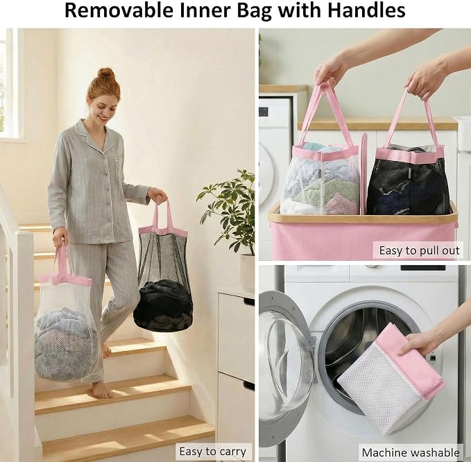 efluky Laundry Hamper with Lid, Double Laundry Basket with 2 Removable Bags, 2 Section Laundry Bin with Bamboo Handles for Bathroom, Bedroom & Laundry Room, 140L (36.9 Gallon) Pink - Image 7