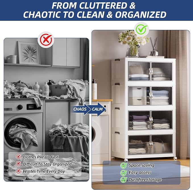 SAILUN 464Qt Stackable Storage Bins,Storage Cabinet with a Lid,4 Pack White | Stackable Storage Drawers with Lids,26" W x 17" D x 56.7" H,Featuring open-front Access for Clothes and Closet Storage - Image 2
