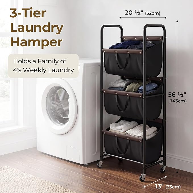 GRANNY SAYS 3 Tiered Laundry Sorter, Narrow Hamper Cart with Wheels | Sturdy 3 Section Laundry Basket with Wheels, Vertical Black Hamper Cart for Bedroom, Bathroom, Apartment - Image 2