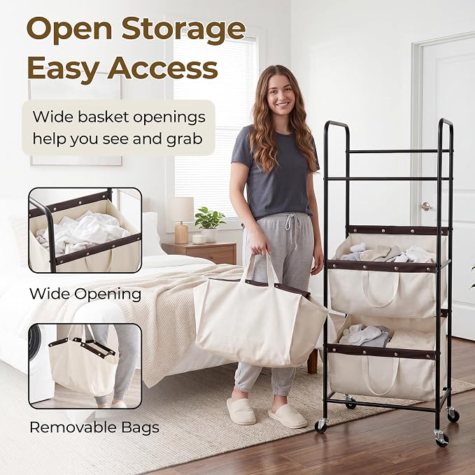 GRANNY SAYS 3 Tiered Laundry Sorter, Narrow Hamper Cart with Wheels | Sturdy 3 Section Laundry Basket with Wheels, Vertical Beige Hamper Cart for Bedroom, Bathroom, Apartment - Image 4