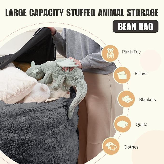 Bean Bag Chair Cover(No Filler) Soft Faux Fur Stuffed Animal Bean Bag Storage, Fluffy Plush Bean Bag Chair Cover Washable, Comfy Bean Bag Chairs for Adults, 6FT, Dark Grey - Image 3