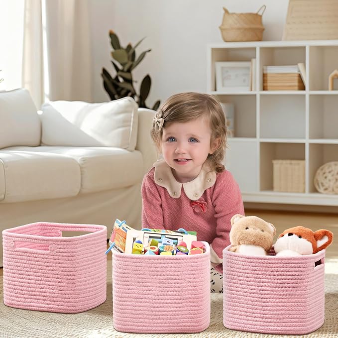 3 Pack Cube Storage Bin, 9”x9”x7” Cotton Rope Woven Baskets for Organizing Toys Clothes Towels, Square Gift Storage Baskets for Shelves, Nursery, Closet, Bathroom, Pantry (Pink) - Image 2