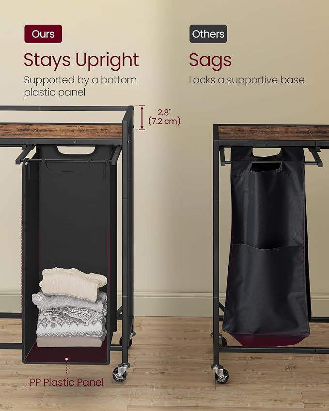 VASAGLE Laundry Sorter, 43.5 Gal. (165 L) Laundry Hamper Basket with 3 Compartments, Rolling Cart with Wheels, Shelf, Removable Bags, Pockets, Ink Black and Rustic Brown UBLH031B01 - Image 5