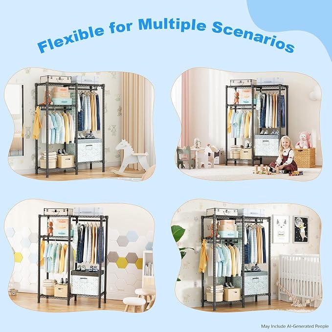 F1 Garment Rack for Kids, Baby, Students, and Children's Room, 4 Tiers Freestanding and Portable Heavy Duty Closets, Small Metal Clothes Rack with 2 Hanging Rod, 31.2" W x 11.8" D x 48" H, Black | Small Clothing Racks with 2 Hanger Rods for Hanging Bab... - Image 7