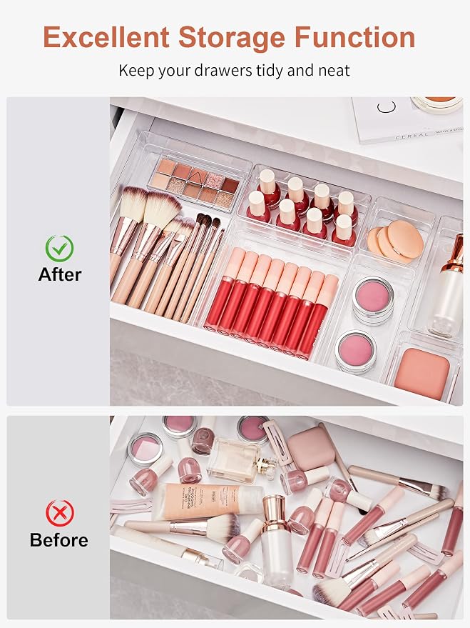 SMARTAKE 16 PCS Drawer Organizer, 5-Size Desk Bathroom Drawer Organizer | 5-Size Storage Tray with Non-Slip Silicone Pads for Makeup, Jewelries, Utensils in Bedroom Dresser, Office and Kitchen, Clear - Image 4