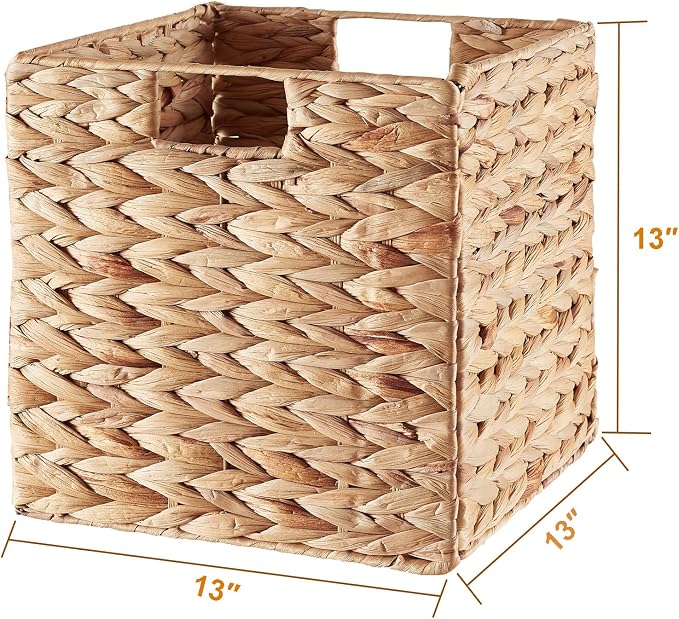 Storage Basket, Set of 2 Hand-woven Water Hyacinth Storage Baskets, Foldable Wicker Storage Basket 13 Inch Cube Storage Bins for Shelves Organizer Square Shelf Baskets, 13''x13''x13'' - Image 7