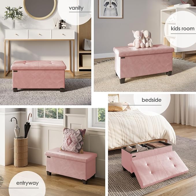 Storage Ottoman Bench with Bins, 30-in Storage Bench for Bedroom End of Bed, Folding Foot Rest Ottoman for Living Room Max 660lbs, Leather Ottomans, Pink - Image 4