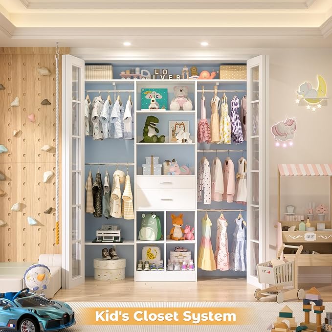 5FT Small Closet System, Baby Closet Organizer System with Wooden Drawers, 60 Inches Walk In Closet System With 5 Hanging Rods and 3 Reversible Hanging Shelving, White - Image 2