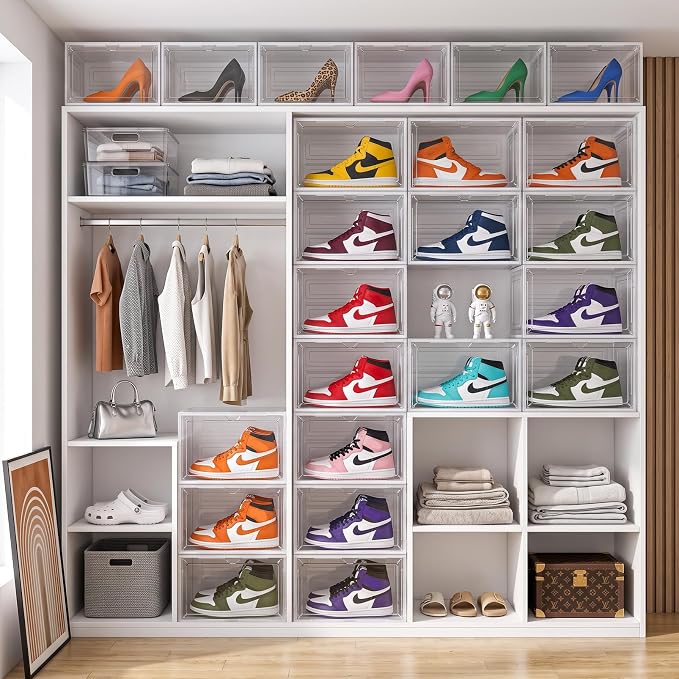 X-Large Clear Stackable Shoe Storage Box 8 Pack, Drop Side Shoe Organizers | Fits US Size 13 Sneakers Storage, Hard Plastic Shoe Containers with Magnetic Drop for Closet Storage and Sneaker Display - Image 6