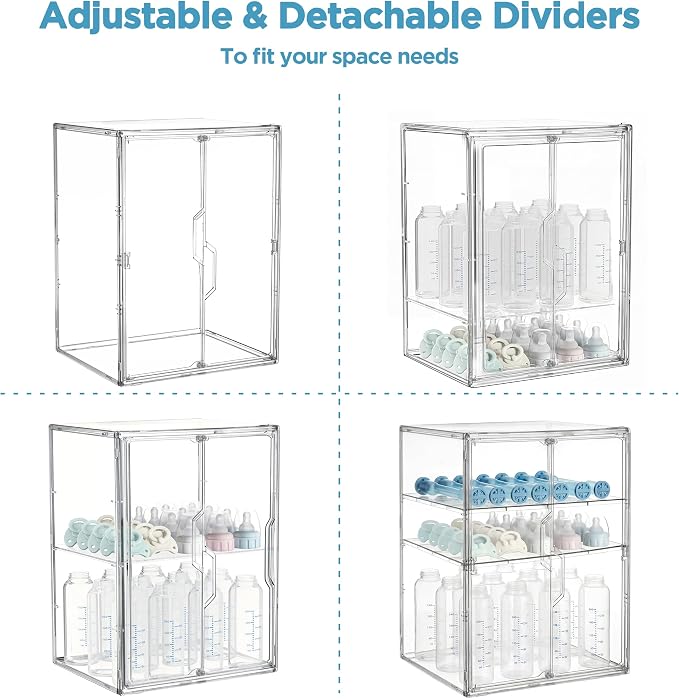 HBlife Baby Bottle Storage Organizer for Countertop Cabinet, 3 Tiers Adjustable Clear Acrylic Bottles Storage Station Case Box Container with 2 Removable Dividers and Magnetic Double Door, X-Large - Image 6