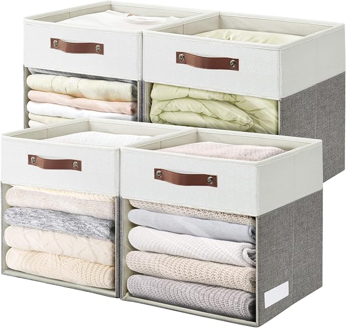 Storage Cubes, 4 Pack Linen Foldable Storage Bins (13 x 13 inch) with Clear Window and 2 Handles, Closet Organizers and Storage for Shelf Closet, Clothes, Books - (Gray and White) by Bagnizer
