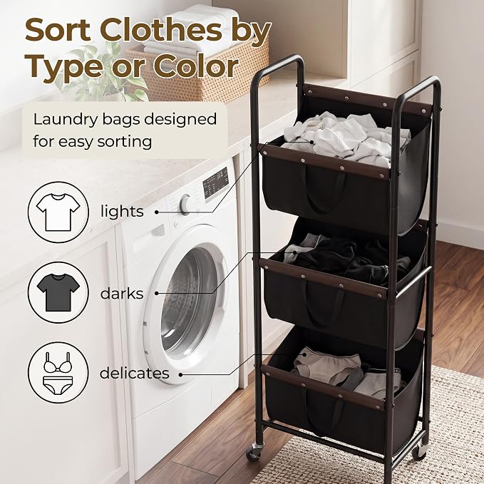 GRANNY SAYS 3 Tiered Laundry Sorter, Narrow Hamper Cart with Wheels | Sturdy 3 Section Laundry Basket with Wheels, Vertical Black Hamper Cart for Bedroom, Bathroom, Apartment - Image 3