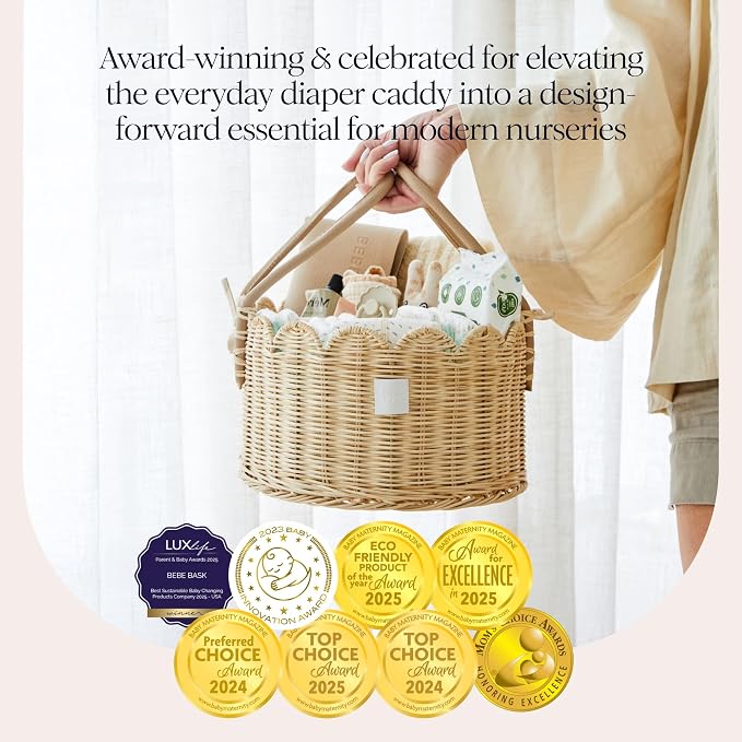 BEBE BASK Premium Baby Diaper Caddy Organizer - Scalloped Rattan Basket | Handmade & Award-Winner, Elegant Scalloped Edge, Newborn Essentials, Nursery Basket, Removable Divider, Baby Shower (Natural) - Image 3