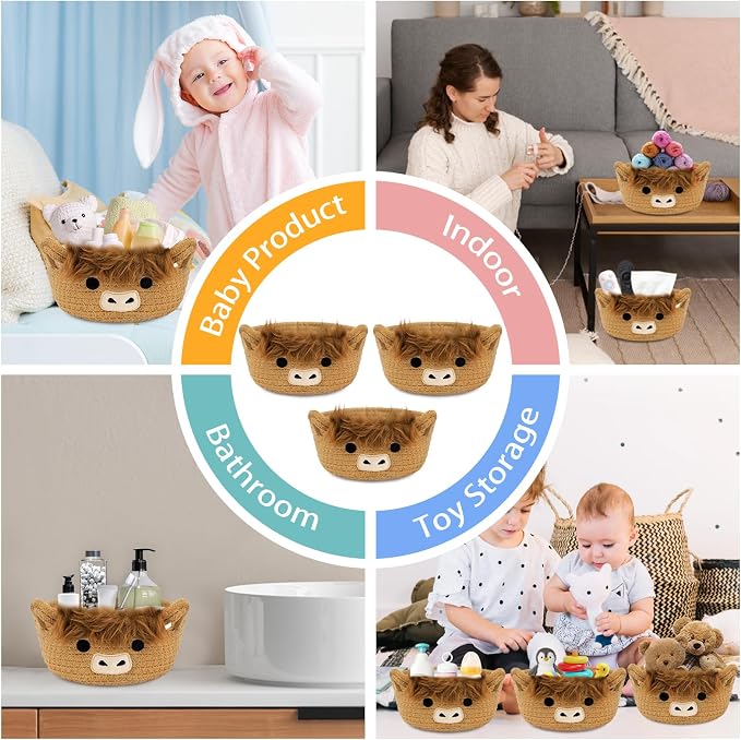 3 Pack Small Highland Cute Cow Storage Baskets for Organizing Gift Basket | Woven Decorative Nursery Shelves Rope Cotton Storage Bins for Gifts Empty, Mini Burr Baby Shower with Handles,7 IN - Image 6