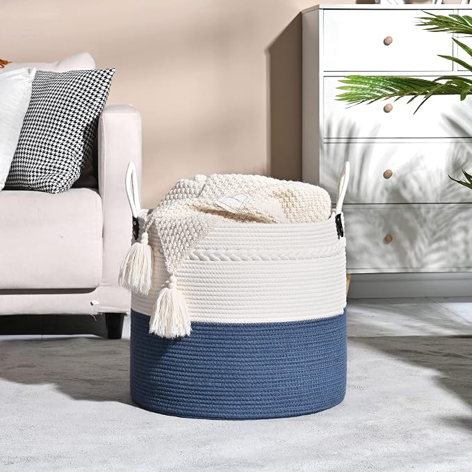 KAKAMAY Large Blanket Basket (18"x18"x16"),Woven Baby Laundry Hamper for Storage, Cotton Rope Blankets Baskets for Nursery, Laundry, Living Room, Pillows, Baby Toy chest with Handles (Navyblue) - Image 5