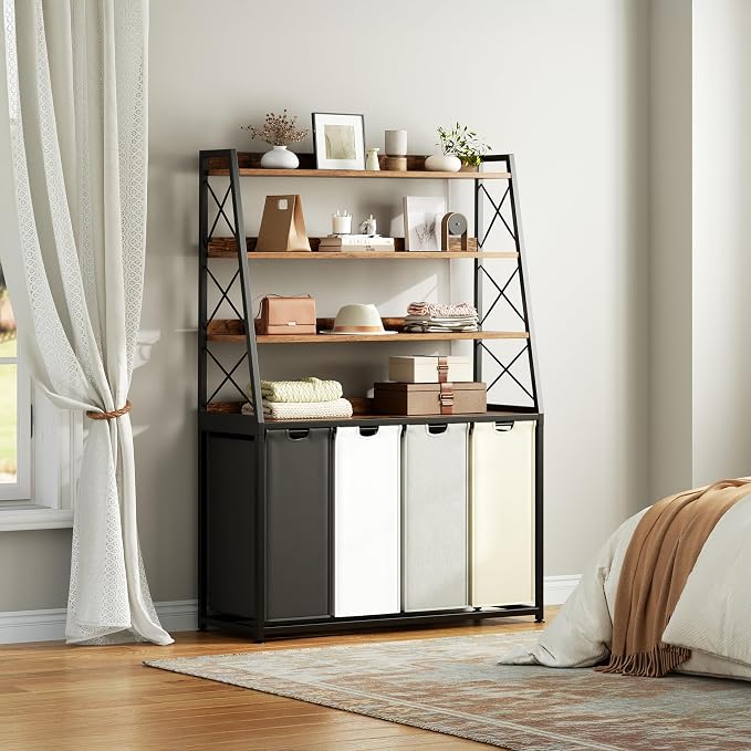 Herture Laundry Basket, 4 Section Laundry Hamper with 4 Tiers Shelf, Pull-Out and Removable Laundry Bags, Large 4 x 15.87 Gallons, for Laundry Room Bathroom Rustic Brown PF12XLN - Image 5
