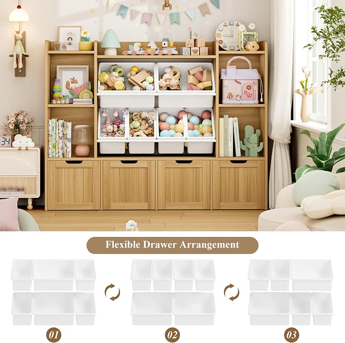 Toy Storage Organizer with Movable Drawer Toy Organizer for Kids | Large Toy Organizers and Storage with 6 Storage Cubbies, Kids Toy Storage and Toy Chest for Playroom and Kids Room, Natural - Image 3