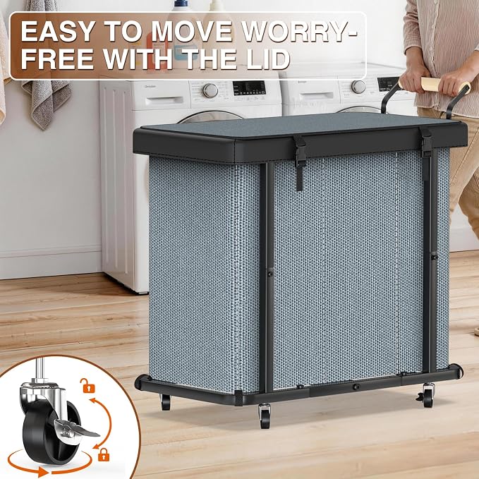 Rolling Laundry Hamper with Wheels, Laundry Hamper 3 Section with Lid Gray | Laundry Basket with Rolling Lockable Wheels and Handle, Laundry Basket Organizer for Laundry Room, Bedroom 230L - Image 3