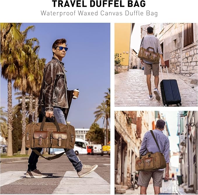 Wildroad Waxed Canvas Duffle Bag - 60L Weekender Overnight Travel Bag | Gifts for Men, Holiday Birthday Gift for Dad, Husband & Partner, Carry-on Size - Image 3