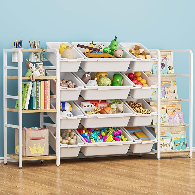Toy Storage Organizer with 4-Tier Bookshelf, 57" Extra Wide Kids Toy Storage Shelf with 12 Bins, Large Metal Kids Bookcase for Playroom Organization and Nursery Room Decor, White by Unknown
