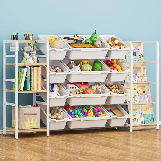 Toy Storage Organizer with 4-Tier Bookshelf, 57" Extra Wide Kids Toy Storage Shelf with 12 Bins, Large Metal Kids Bookcase for Playroom Organization and Nursery Room Decor, White by Unknown