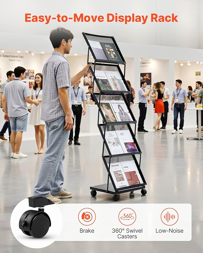 VEVOR Brochure Display Rack, Foldable 5 Pockets Magazine Literature Display Stand, Movable Floor Standing Magazine Rack with Wheels, Metal Newspaper Catalog Holders for Shop Exhibitions Office Show - Image 4