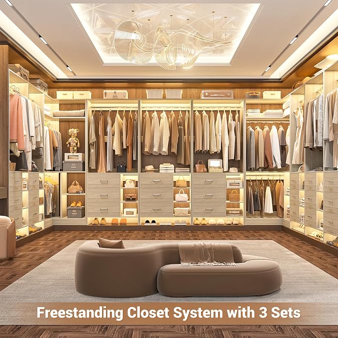 Aheaplus Closet System with 6 Drawers, 4 Hanging Rods & Corner Tower, Corner Closet System with Hanging,92.6" L-Shaped Walk-In Wardrobe Organizer, 2000+ lbs Capacity, Set of 3, White Oak - Image 4