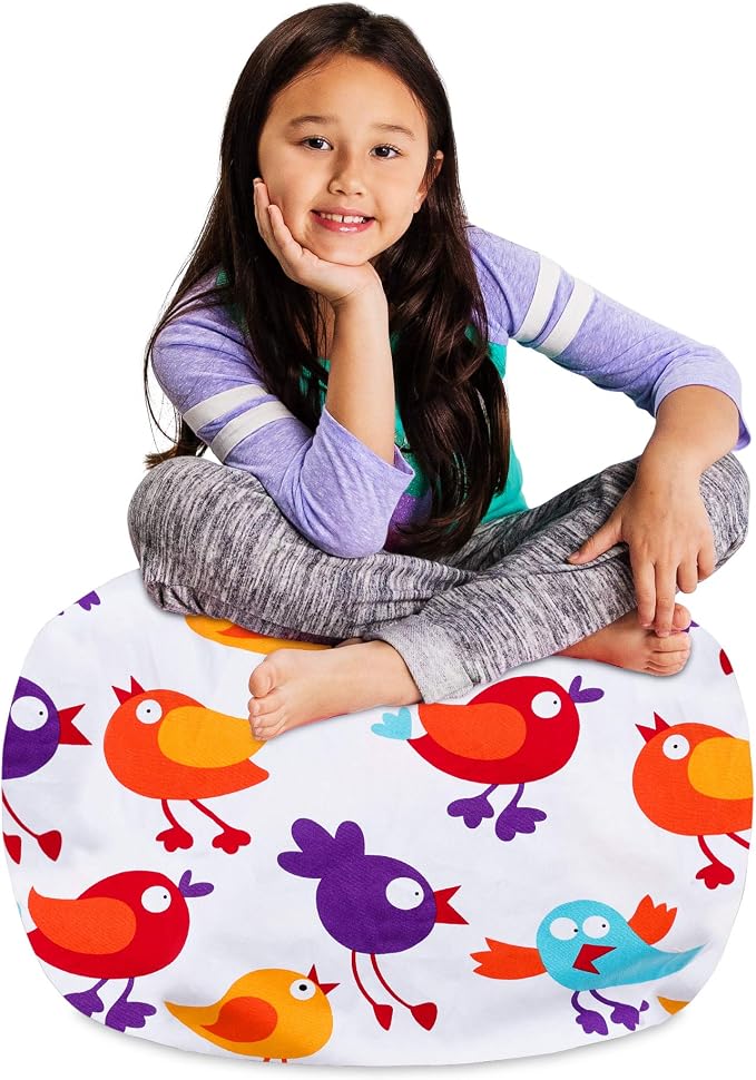 Posh Creations Stuffable Kids Stuffed Animal Storage Bean Bag Chair Cover - Childrens Toy Organizer Medium 27" - Canvas Birds on White by PoshCreations