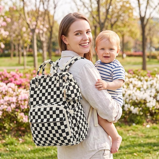 Baby Diaper Bag Backpacks for Mom Dad, Corduroy Large Capacity Multifunction Nappy Bag with Pacifier Case, Baby Travel Essentials Diaper Backpack for Boys Girls - Checkered Black - Image 2