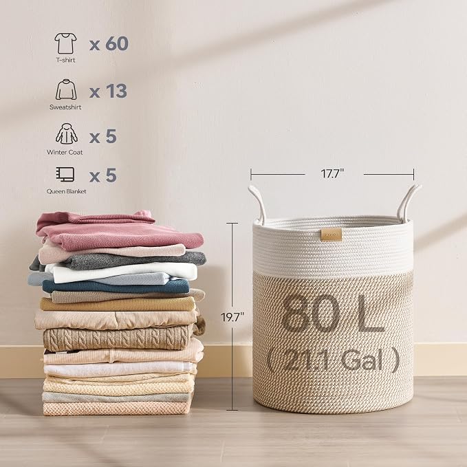 Nunsino 80L Laundry Hamper Basket,Baby Nursery Woven Storage Basket for Toys Bin,Pillows,Blankets,Clothes,Brown&White - Image 6