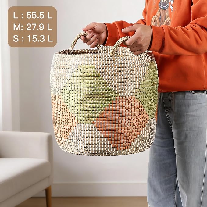 Handwoven Sea Grass Baskets Set of 3 - One of a Kind Round Storage Bins by Artisans, Natural Fiber Woven Baskets for Living Room, Bathroom, Nursery (55.5L, 27.9L, 15.3L) - Image 7