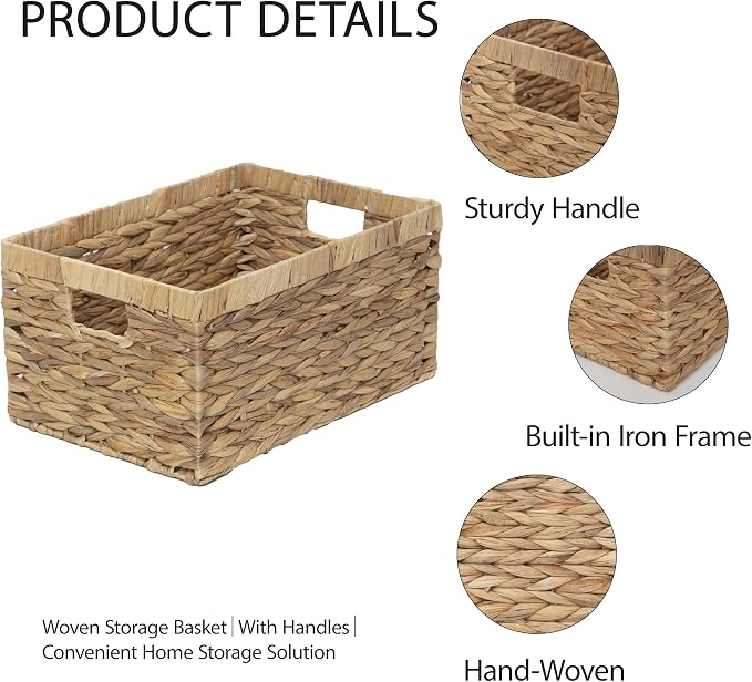 Woven Natural Water hyacinth Rectangular Storage Baskets with inside Handle,Kingwillow(Large) | Rustic decor, with handles, brown‑tan tone, for shelves, bathroom, kitchen, entryway, office files, pet toys - Image 7