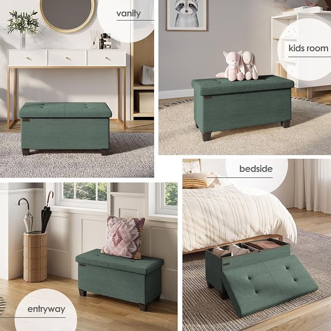 Storage Ottoman Bench with Bins, 30-in Storage Bench for Bedroom End of Bed, Folding Foot Rest Ottoman for Living Room Max 660lbs, Fabric Ottomans, Green - Image 4