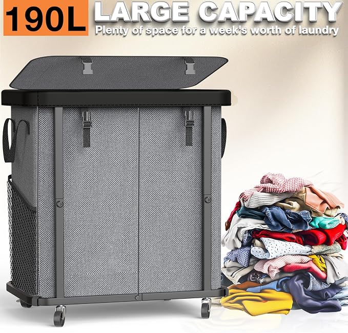 Laundry Basket with Wheels,190L (50 Gal) Laundry Hamper 2 Setion - Gray | Leather Patchwork,Sturdy Metal Frame, Removable Washable Bag, Tall Clothes Sorter for Bedroom - Image 3