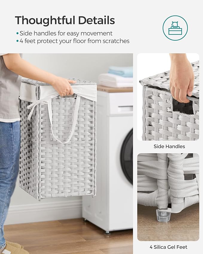 SONGMICS Laundry Hamper with Lid, 17.2 Gallon (65 L) Synthetic Rattan Clothes Laundry Basket with Lid and Handles, Foldable, Removable Liner, Cloud White ULCB165W01 | Clothes Laundry Basket with Handles, Removable Liner, Cloud White, ELIOTT Collection ... - Image 4