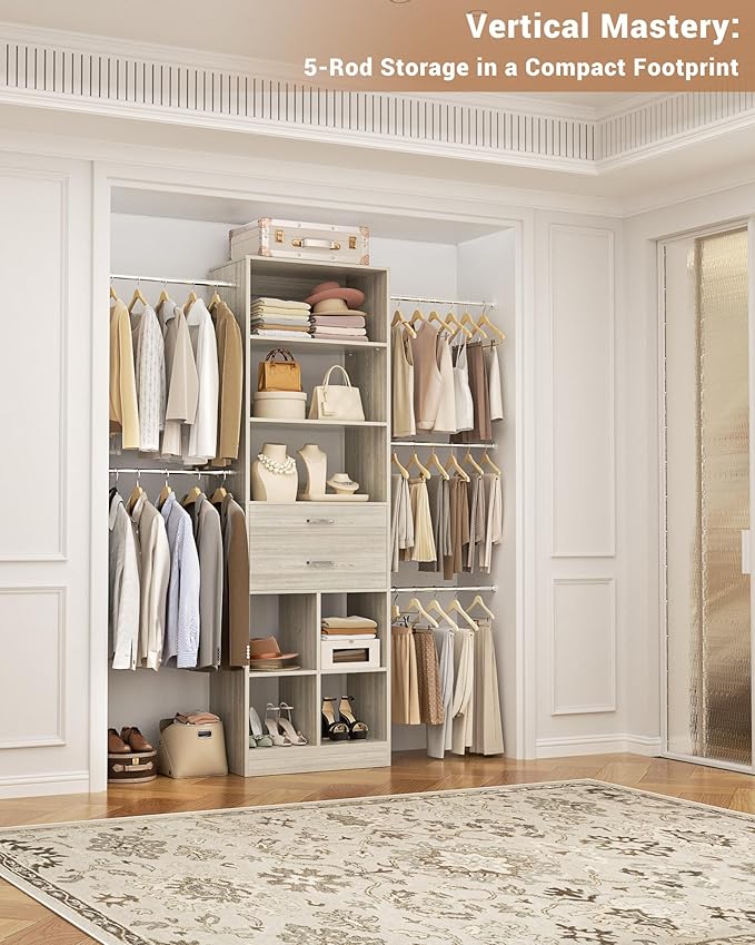 Besiost Small Closet System, 3.2-6.8FT Small Closet Organizer with 5 Hanging Rods, Can Fit 37.5 to 81.9 inch Walk-in Closet System, Built-in, Greige Oak, Enclosed Storage Volume 2.32 ft³ - Image 2