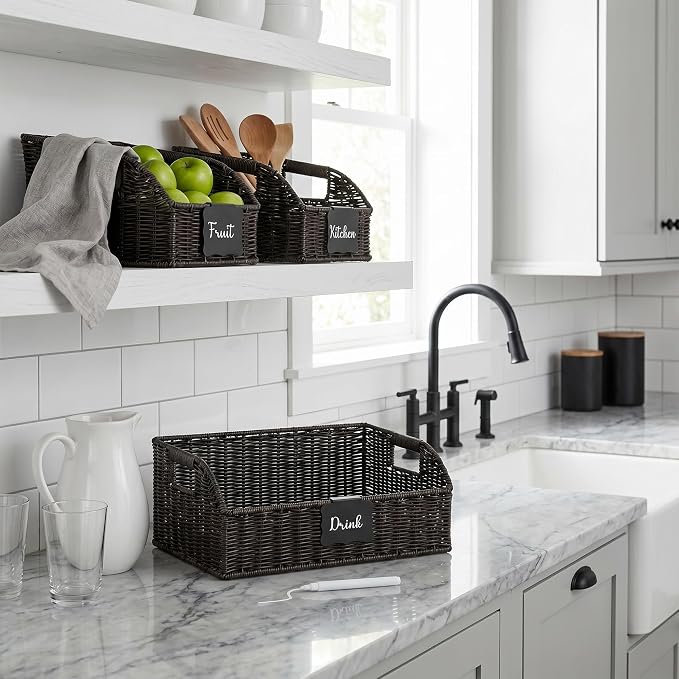 Pantry Organizers, Handwoven Large Wicker Baskets for Shelves, Labeled Storage Baskets for Organizing with Handles - Waterproof Plastic Storage Bins, Boho Decorative, 3Pack, Black - Image 6