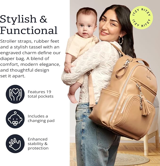 Itzy Ritzy Boss Plus Large Diaper Bag Backpack with 19 Pockets (Chai) | Includes 2 Insulated Bottle Pockets, Changing Pad, Stroller Clips, Comfortable Padded Straps, Easy-to Clean, Travel-Ready - Image 2
