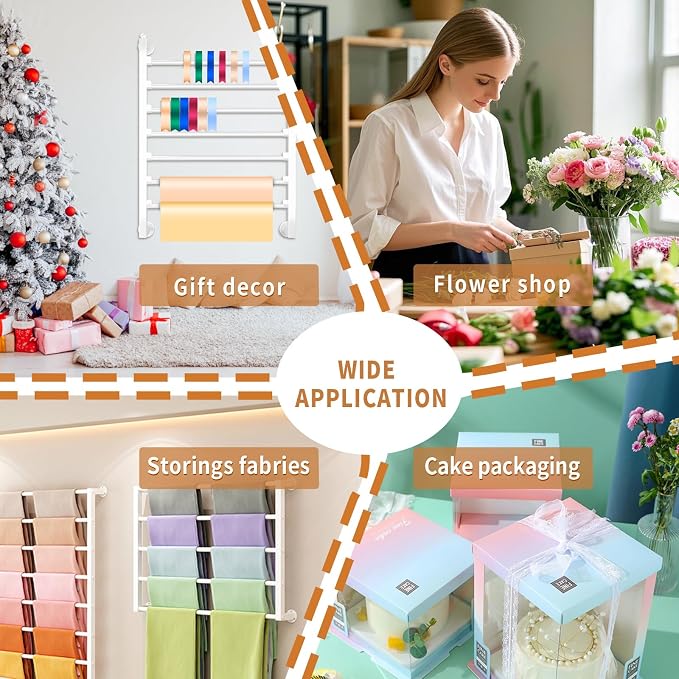Xbsyhx 7-Tier Wall Mount Ribbon Rack for Craft Room, White | ribbon organizer holds wrapping paper, scarves, towels. Metal rack with hooks for craft room, flower store, closet - Image 8